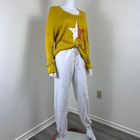 Sundry Women Size M Yellow White Stars Pullon Sweatpant Crew Neck Top Set Lounge - Picture 9 of 15